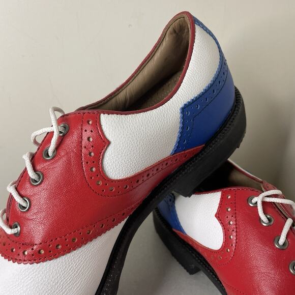 FootJoy My Joys Golf Shoes Cleats Red/White/Blue Signed by British Tom Lewis 9.5 main image 7